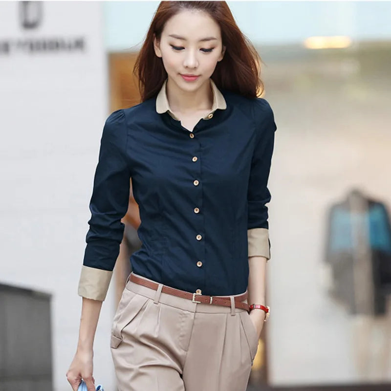 Fashion Contrast Color Slimming Long Sleeve Shirt Women Chic Turn Down Collar Professional Blouse Casual Business Patchwork Tops