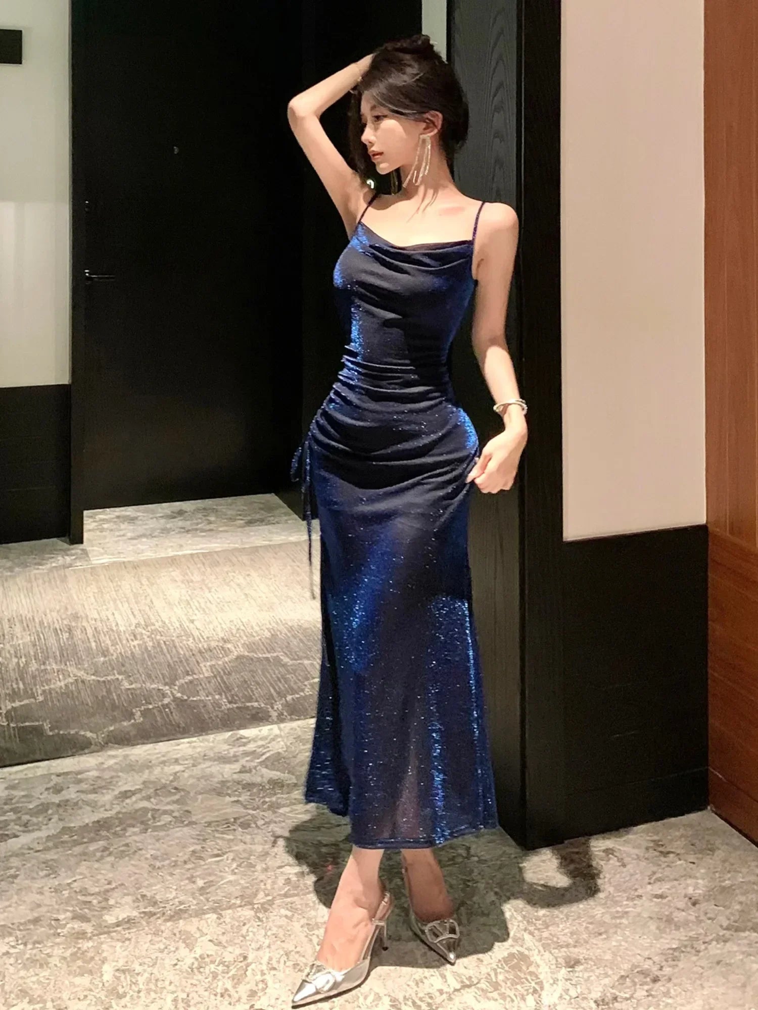 NEW Women Socialite Sparkling Aura Strapless Waist Cinched Mid Length Dress SH25 Summer Pleated Camisoles Banquet Dresses