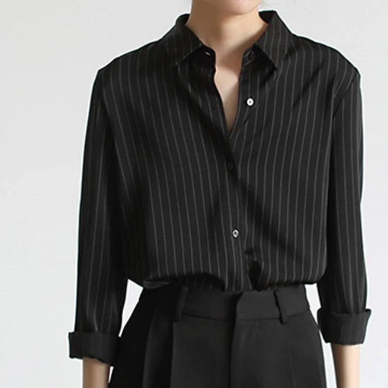 Spring Autumn Vintage Black White Striped Women's Blouse 2025 New French Style Single Breasted Casual Loose Office Shirts Female