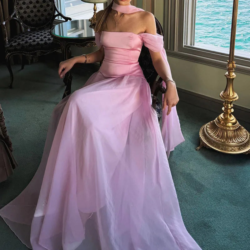 Lady Sexy Off Shoulder Splicing Waist Party Dress Elegant Backless Short Sleeve Evening Dress Fashion Draped Solid Long Dresses