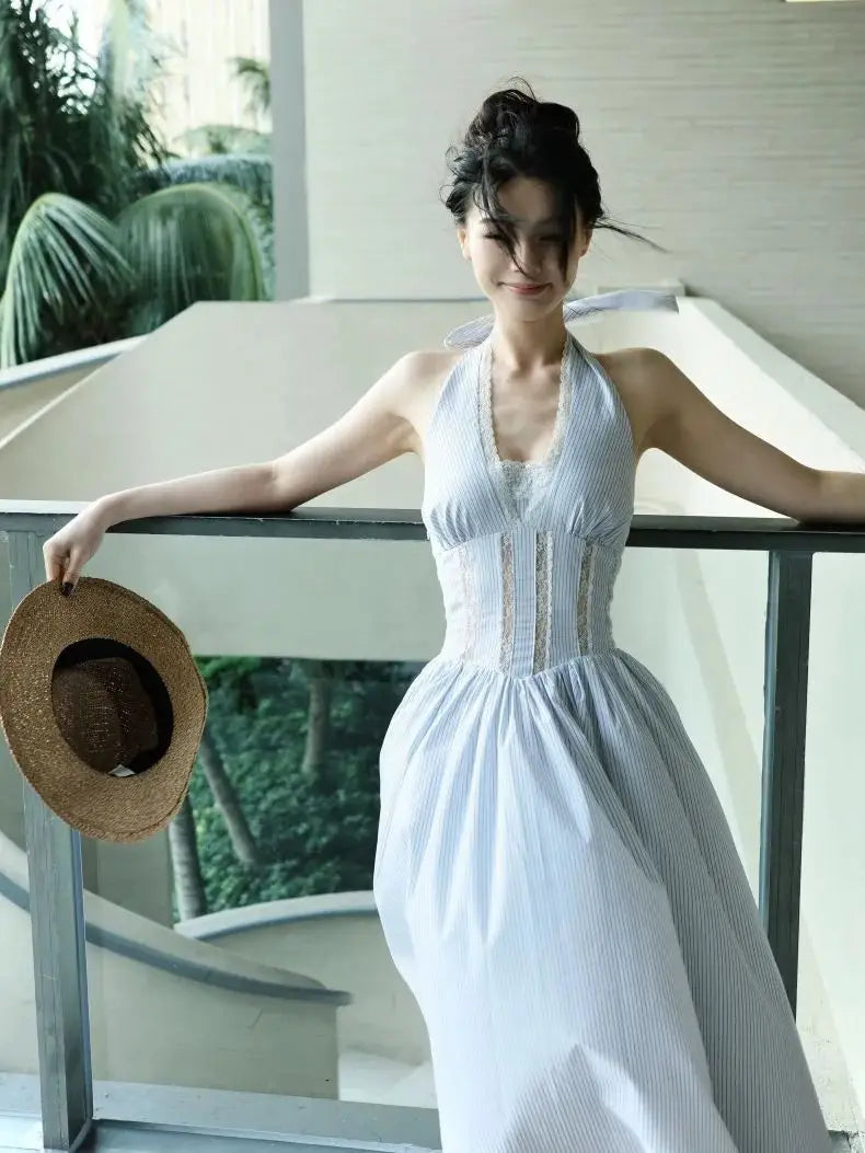 Halter Neck Maxi Dress Women - Lace Insert Cutout Bodycon Gown, Summer Slim Fit Striped Dress, Y2K Sexy Backless Evening Gown, E