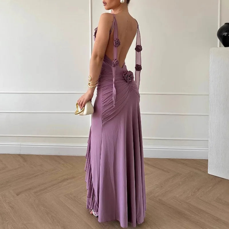 Purple Hollow Out Ribbon Evening Dress Elegant Low Cut Backless Ruffles Halter Dress Lady Wrap Hips Stereoscopic Floral Dresses