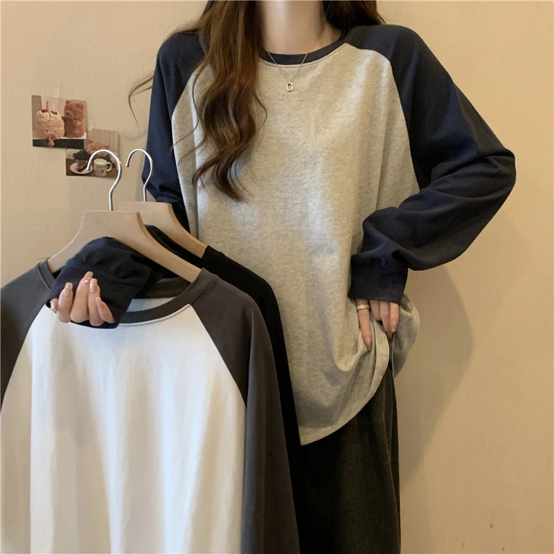 Trendy Long Sve Cotton T-irt Women's Loose Fit Korean Sle oulder Insert Design Spring Autumn plus Size Color Blo Top
