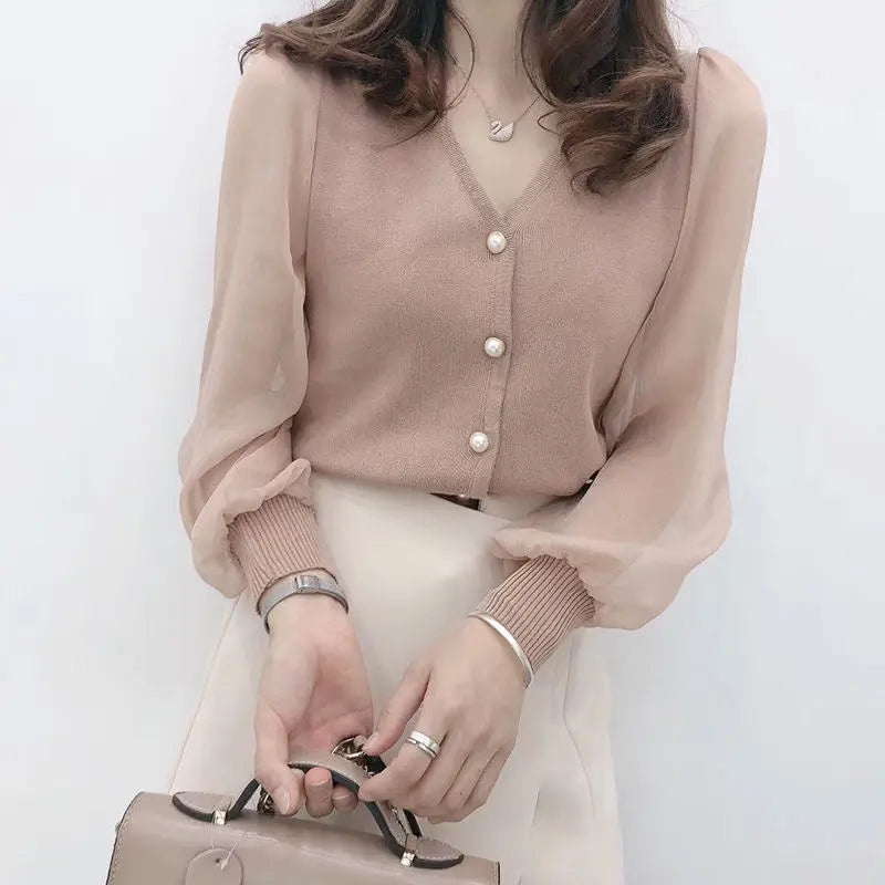Women's Spring Autumn Style Blouses Shirt Women's Knitted Button Long Sleeve Solid Color Lace Patchwork Tops SP820