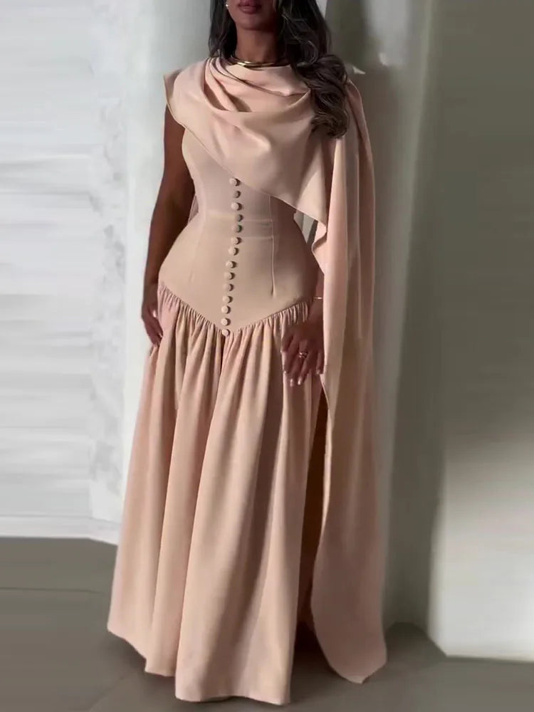 Temperament Design Style Pure Color Evening Dress Summer New Elegant Lady Party Dress Chic Shawl Sleeve High Waist Pleated Dress