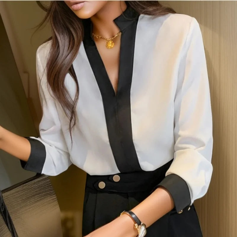 New Autumn White Long Sleeve Chiffon Women Shirt 2024 Office Lady Elegant Casual Blouse V Neck Tops Solid Clothing 11189