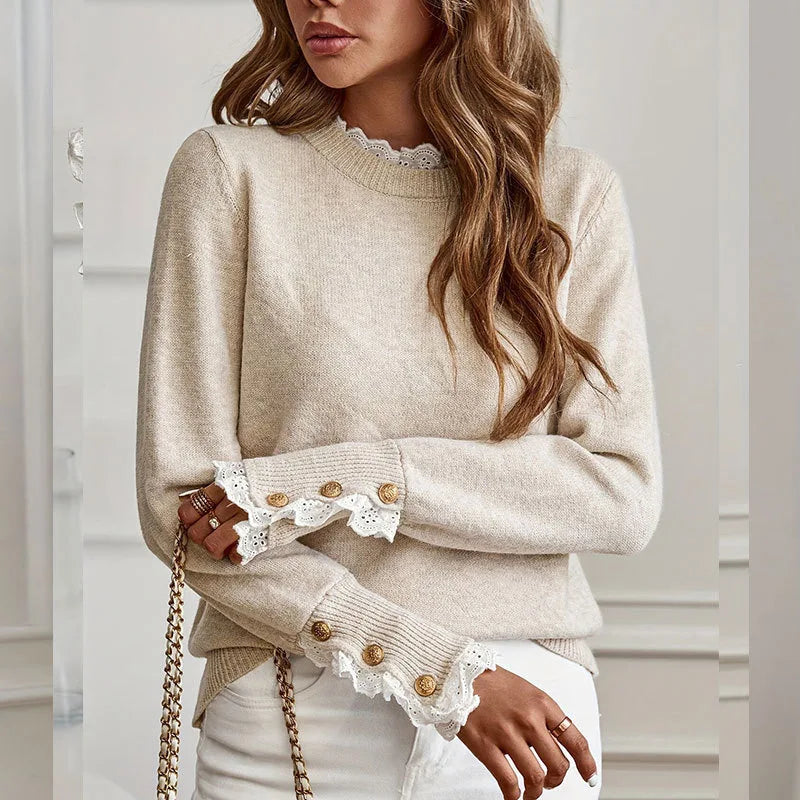Autumn Winter Women's Knitted Sweater 2025 Fashion Lace Round Neck Long Sleeve Pullover Sweater Tops Women Casual