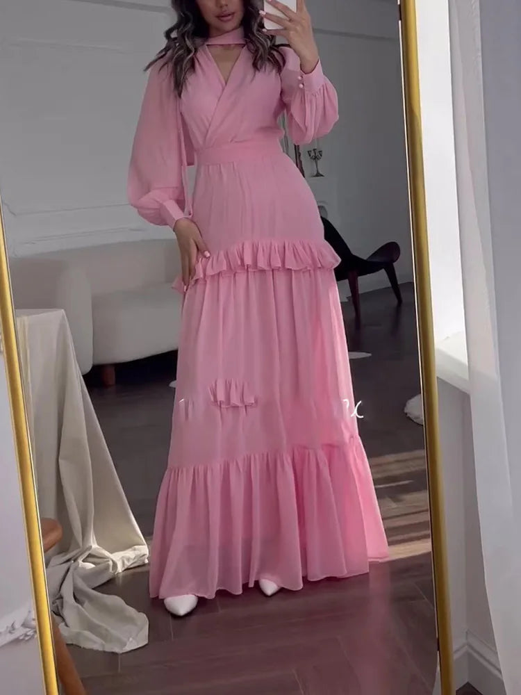 Elegant Hollow Out Long Sleeve Evening Dress Temperament High Waist Ruffles Banquet Dress Autumn New V-neck Spliced Long Dresses