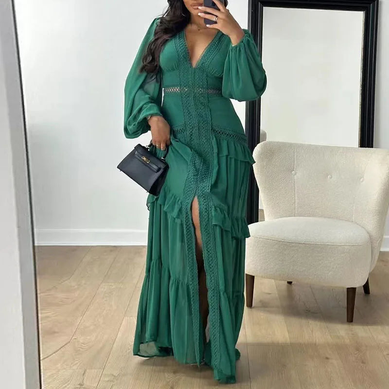 Autumn Hollow Out Solid Party Dress Elegant Women Lace Ruffles Long Dress Sexy Solid Deep V Neck Lantern Long Sleeve Dresses