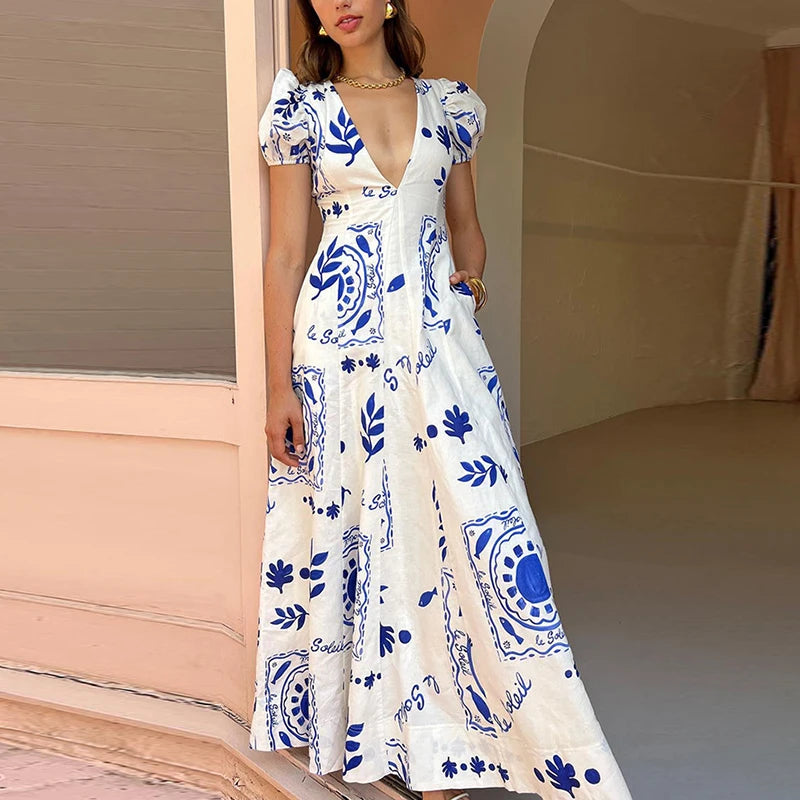 Women V Neck Pattern Print Long Dress Elegant Puff Sleeve High Waist Temperament Party Dress New Cotton Linen Big Hem Slim Dress