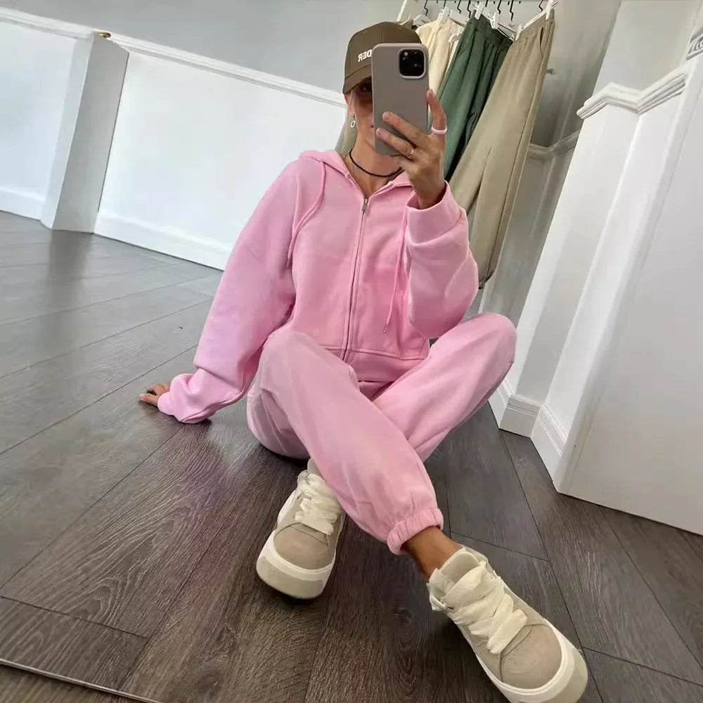 Women Suit Solid Color Long-sleeved Zipper Hoodie 2piece Set Autumn Winter Casual Loose Elastic Tie Sports Trousers Suit Female
