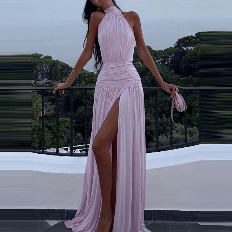 Summer Hollow Out Sleeveless High Waist Party Dress 2025 Fashion Backless Solid Long Dresses Sexy Ladies Halter Slim Split Dress