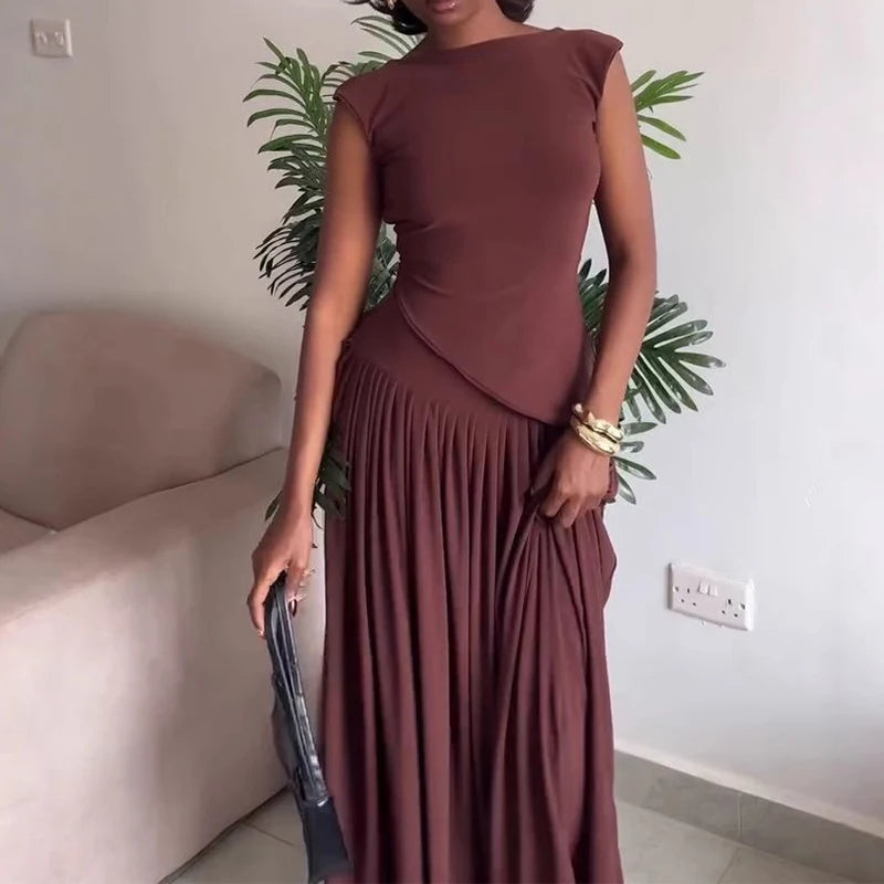 Summer Solid Color Commute Two Piece Sets Chic Pleated Sleeveless Lady Sets Fashion Slash Collar Backless Vest&Half Skirts Sets