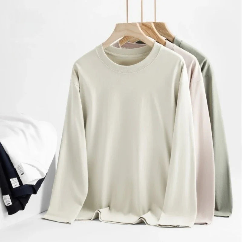 2025 Fashion Loose Versatile Tees 100% Cotton T Shirt Women Autumn Winter Ribbed Causal O-Neck Basic Long Sleeve Harajuku Tops