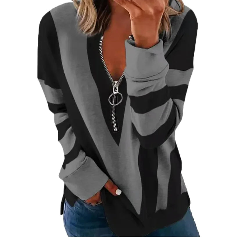 Autumn Winter Blouse Shirts Women Zipper V-Neck Striped Shirts Loose Long Sleeve Tops Fashion Female Tee Street Clothes