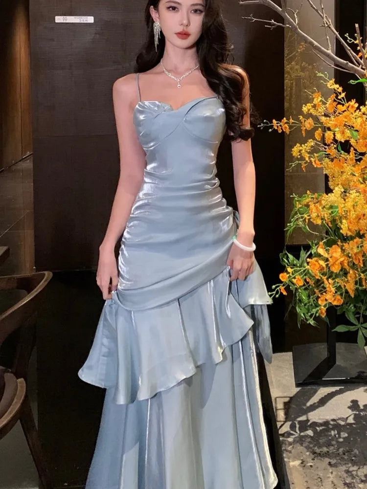 2025 Elegant Romantic Party Women's Spaghetti Strap Dress Female Blue Ruffles Slim Fit Mermaid Dresses Chic Banquet Formal Gown