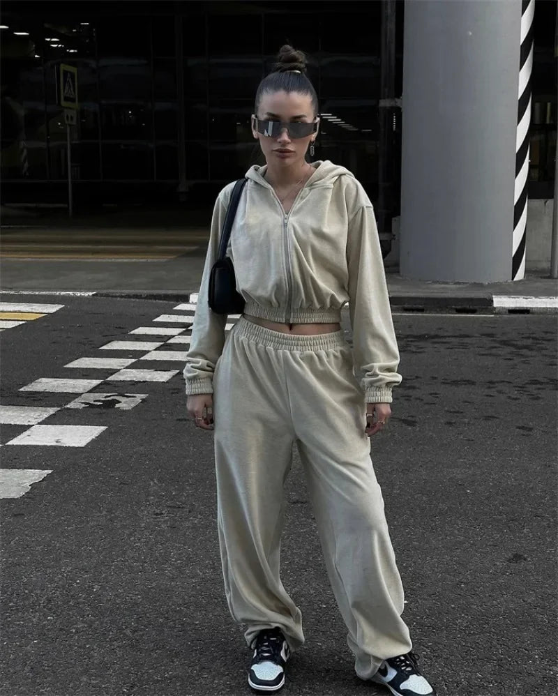 Autumn Winter Casual Two Piece Set Women Street Trend Long-sleeved Hooded Cardigan Sexy Waist Waist Elastic Trousers Tracksuit