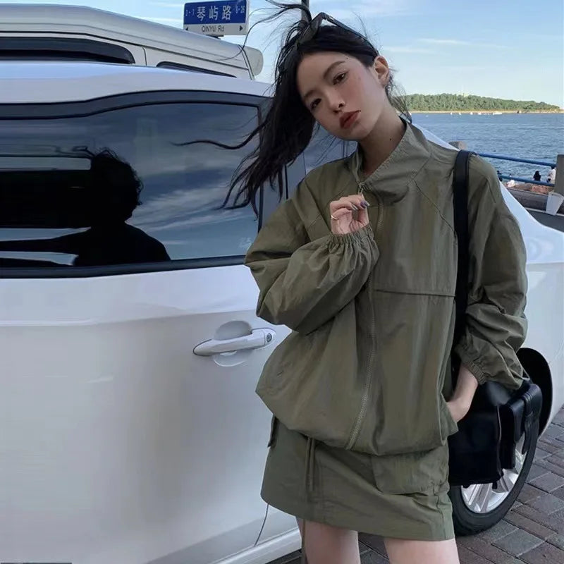 Casual Sportswear Suit Female 2024summer Thin Outerwear Sunscreen Clothes Jacket Short Skirt 2 Piece Sets Women Outfit Dress 투피스