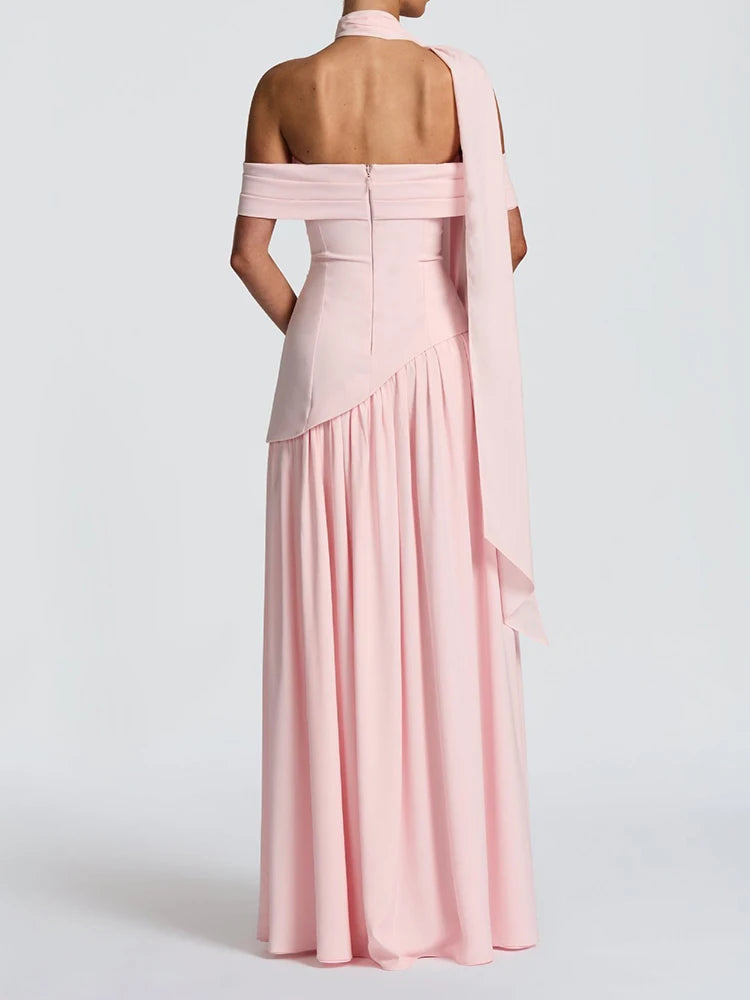 Sexy One-shoulder Solid Color Split Evening Dress Fashion Slim Ribbon Banquet Dress Summer New High Waist Pleated Party Dresses