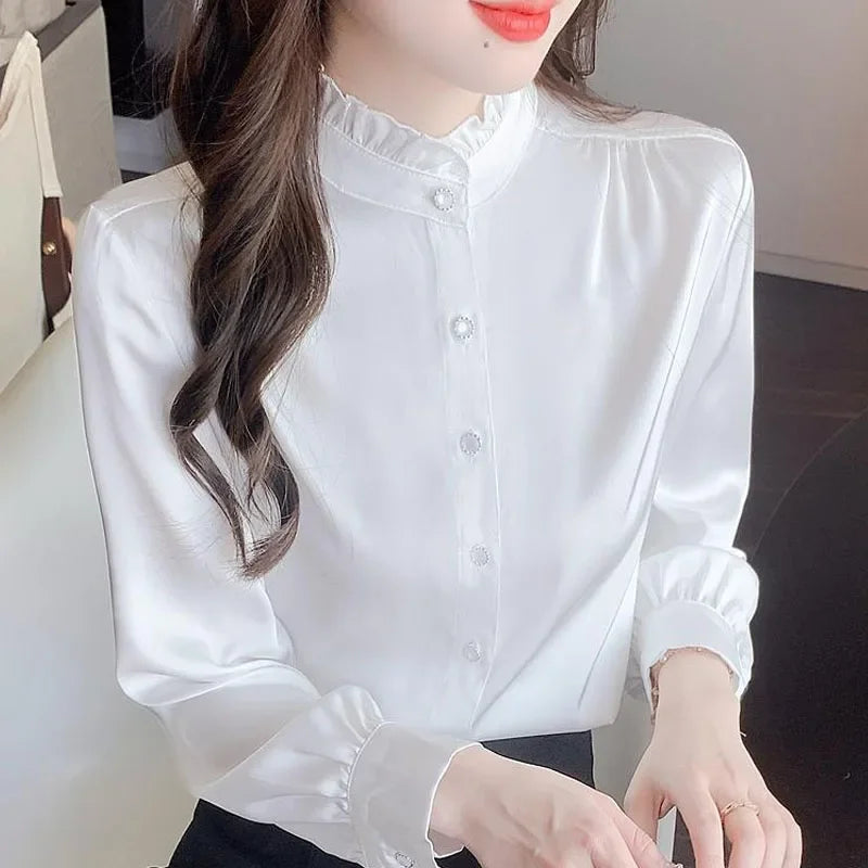 Fashion Long Sleeve Chiffon Women Blouse Shirt Tops Blusas Mujer De Moda 2024 Stand Collar White Blouse Women Shirt Blusa H540