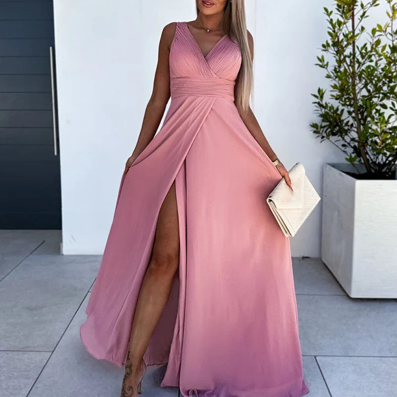 Lady Solid Color Hollow Pleated High Split Dress Summer Sleeveless  Slim Evening Long Dress Elegant V Neck High Waist Party Dres