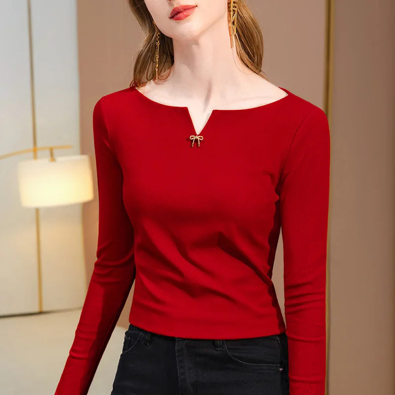 Women's spring/summer style base top shirt, women's casual long sleeved V-neck waist cinched solid color top T-shirt