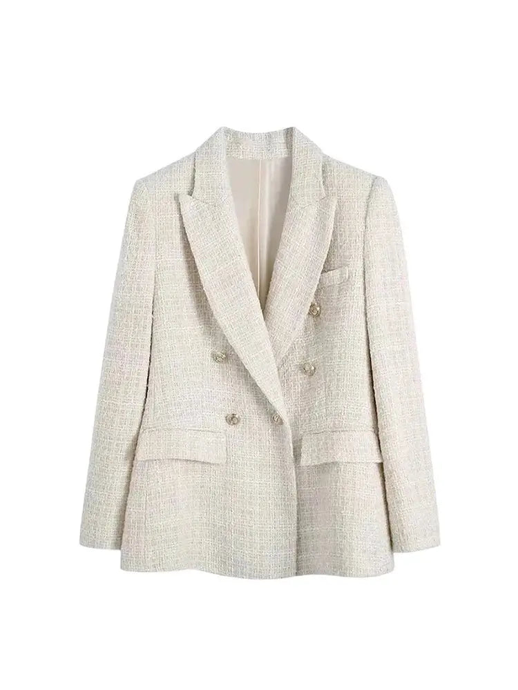 Women Fashion Tweed Double Breasted Blazer Coat Vintage Long Sleeve Flap Pockets Female Outerwear Chic Veste Femme