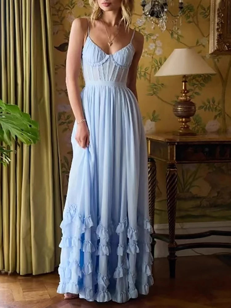 Fashion V-neck Wrap Chest High Waist Women's Dress Elegant Sleeveless Swing Suspender Dresses Ruffle Pleated Solid Evening Dress