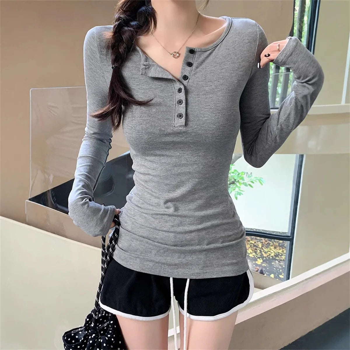 Women Fashion Slim Long Sleeve Shirts Button Solid Sexy Girl Pullover Tops Spring Fall Retro Simple T-shirt Casual Street Y2K