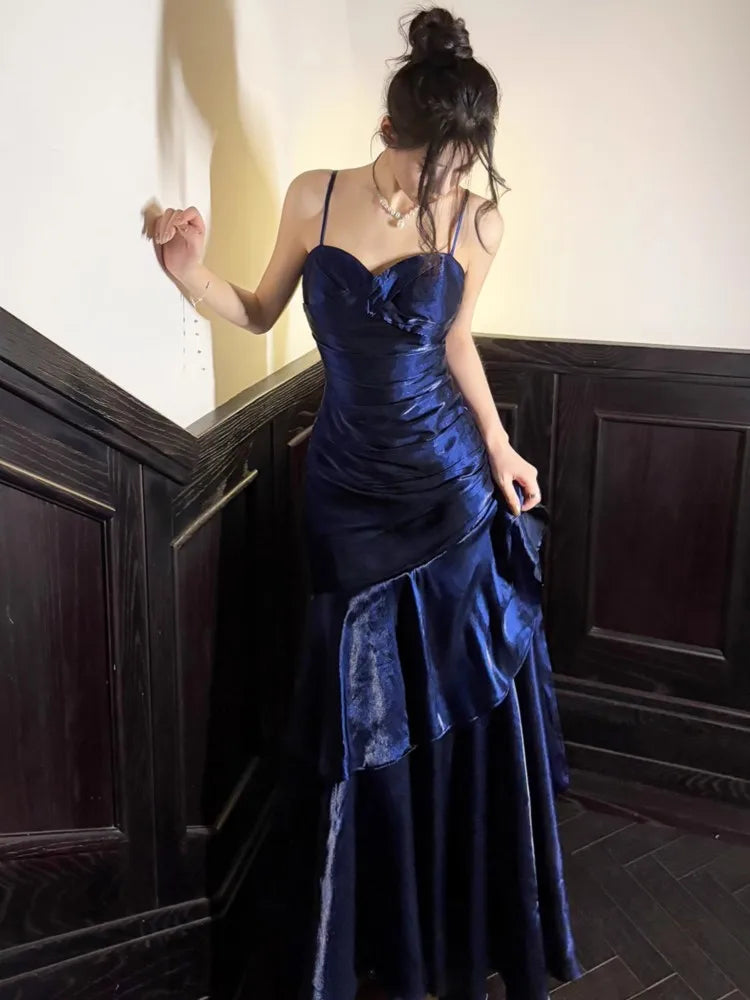 2025 Elegant Romantic Party Women's Spaghetti Strap Dress Female Blue Ruffles Slim Fit Mermaid Dresses Chic Banquet Formal Gown