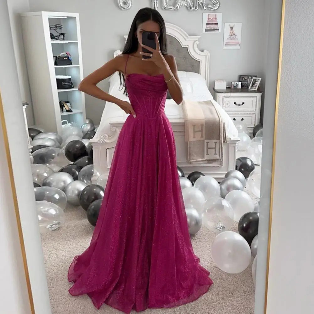 Party Evening Dress Backless Spaghetti Strap Sequin Sleeveless A-line Floor Length Ball Gown Pleated Low-cut Cocktail Dress