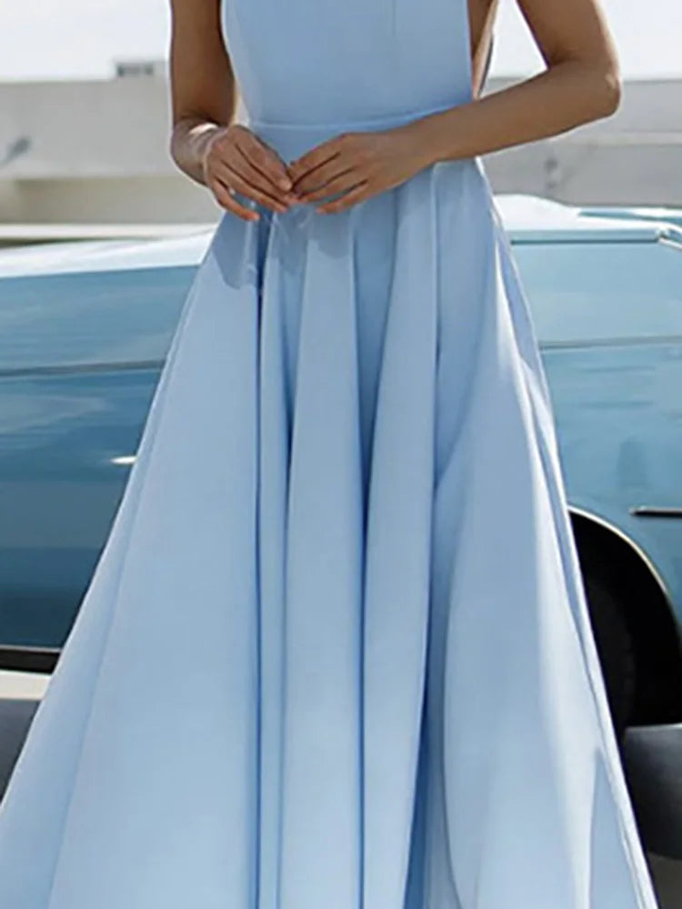 Summer Solid Color Big Hem Vacation Dress Trendy Bow Tie Up High Waist Halter Dress Elegant Lady Solid Color Pleat Evening Dress