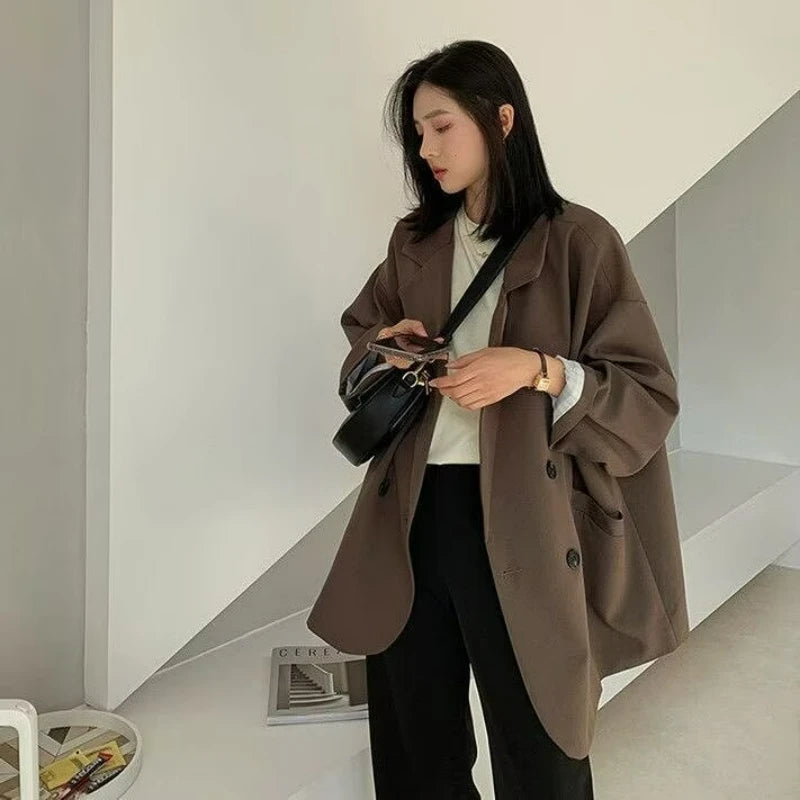 New in Vintage Brown Blazer Women Elegant Official Ladies Spring Autumn Fashion Long Sleeve Oversized Chic Casual Suit Jacket