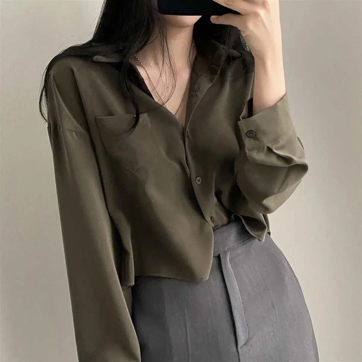Long Sleeved Shirt And Blouse Simple Single Breasted Loose Casual Solid OL Trend Short Top Simple Elegant Fashion Women Clothes