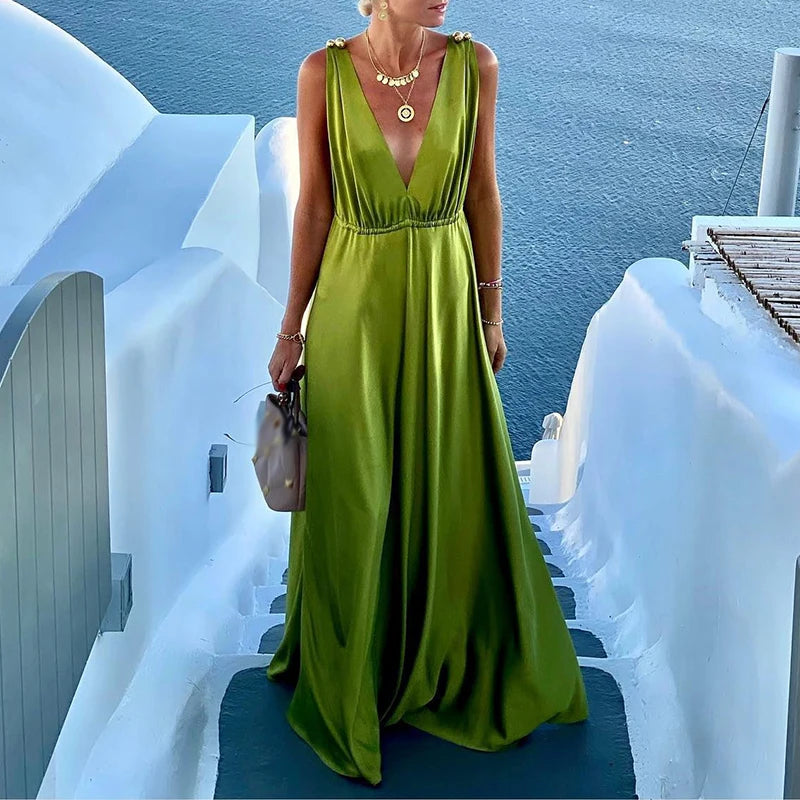 Elegant Ladies Sexy V-Neck Backless Maxi Party Dress Women New Holiday Boho Draped Boho Dress Retro Sleeveless Pleat Long Dress