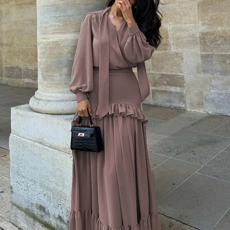 Casual Solid Color Chiffon Commute Two Piece Sets  Elegant Loose Outfits for Women Sexy V-neck Lace Up Tops & Long Skirts Sets