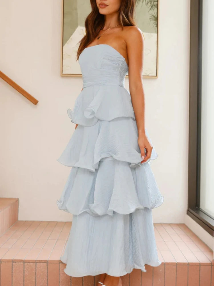 2025 Summer Fashion New Women's Elegant Style Dress Fluffy Cake Dress Strap Style Open Back Long Dress