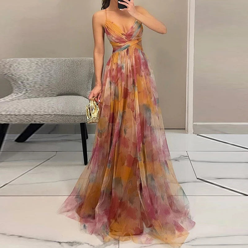 Elegant Print Pleated Mesh Evening Dress Sexy Off Shoulder Ins Vacation Long Dress Summer V Neck High Waist Backless Sling Dress