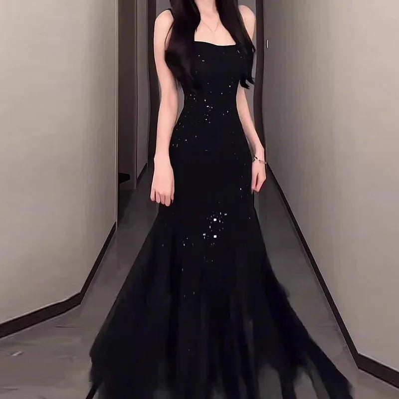 2025 New Black Sequined Long Dress Spring Summer Women Princess Banquet Party Dress Performance Suspenders Mesh Prom Dresses
