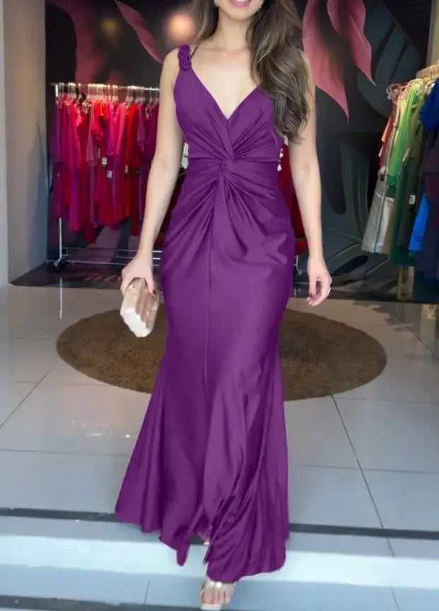 Womens Dresses 2025 New Satin Sleeveless Hollow-Out Twist Front Evening Dress Tied Detail Backless Zipper Back Mermaid Hem Dress