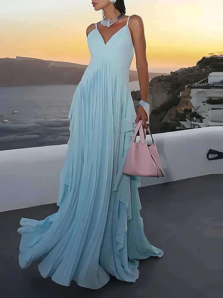 Luxury V-neck Sleeveless Halter Evening Dress Solid Color High Waist Ruffles Banquet Dress 2025 Summer New Women's Commute Robes